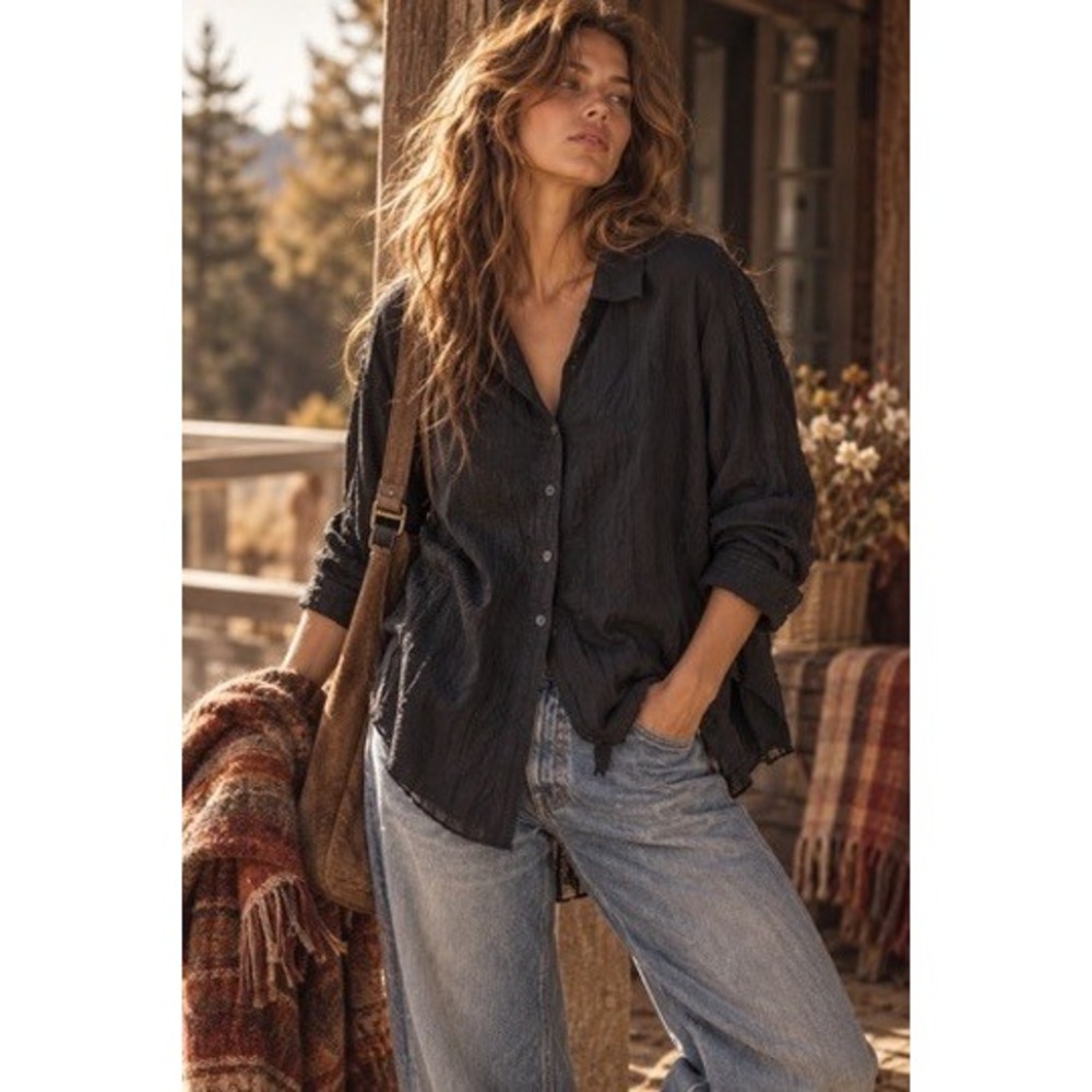 Aerie Women Black Textured Cotton Oversized Button Down Shirt Large L Long Slv